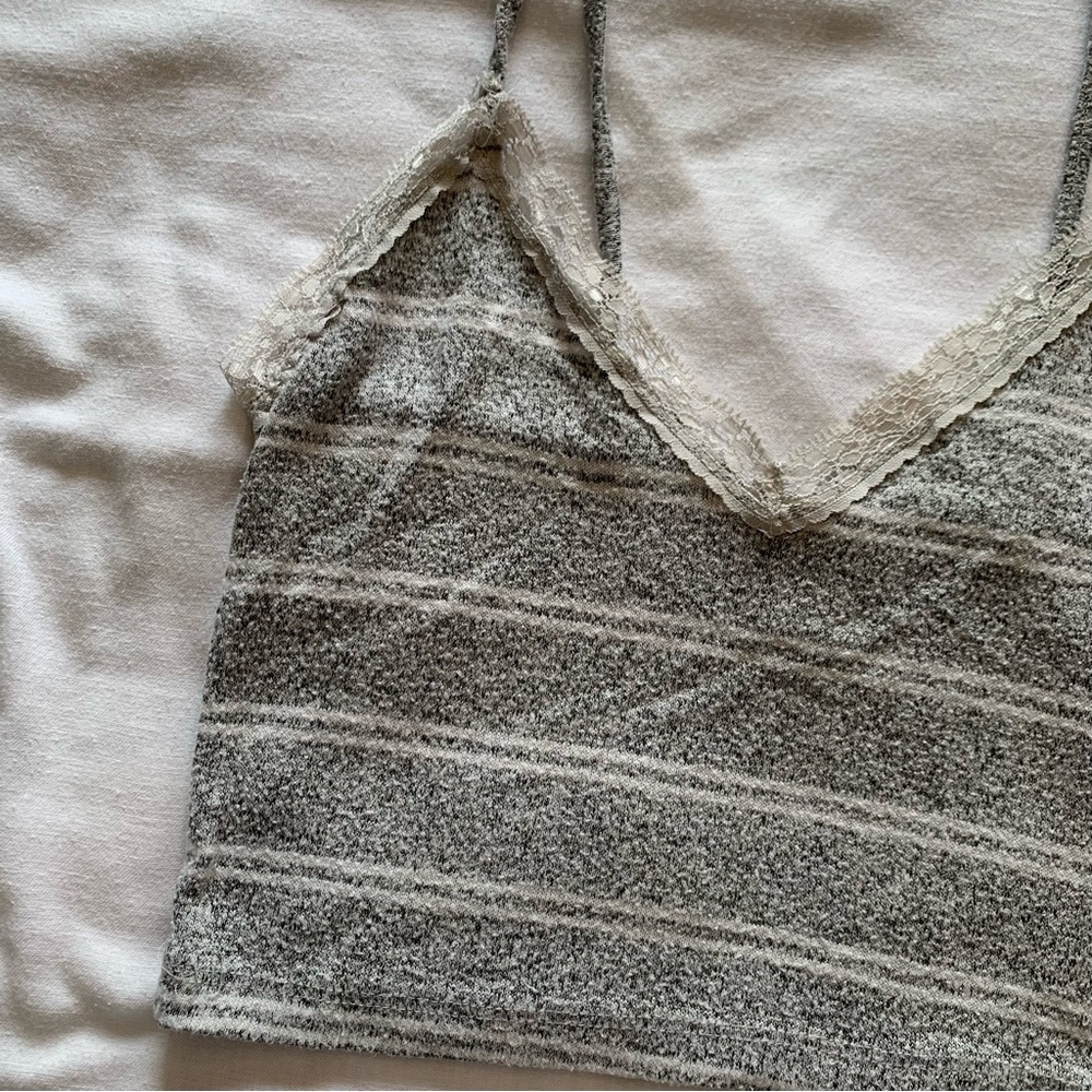 Striped Knit Lace-Trim Cami Top - Gray & Cream - Picture 2 of 5
